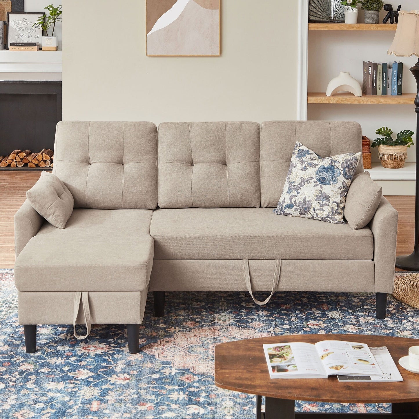 76.18 Upholstered Sleeper Pull Out Sofa Couch with Storage Chaise