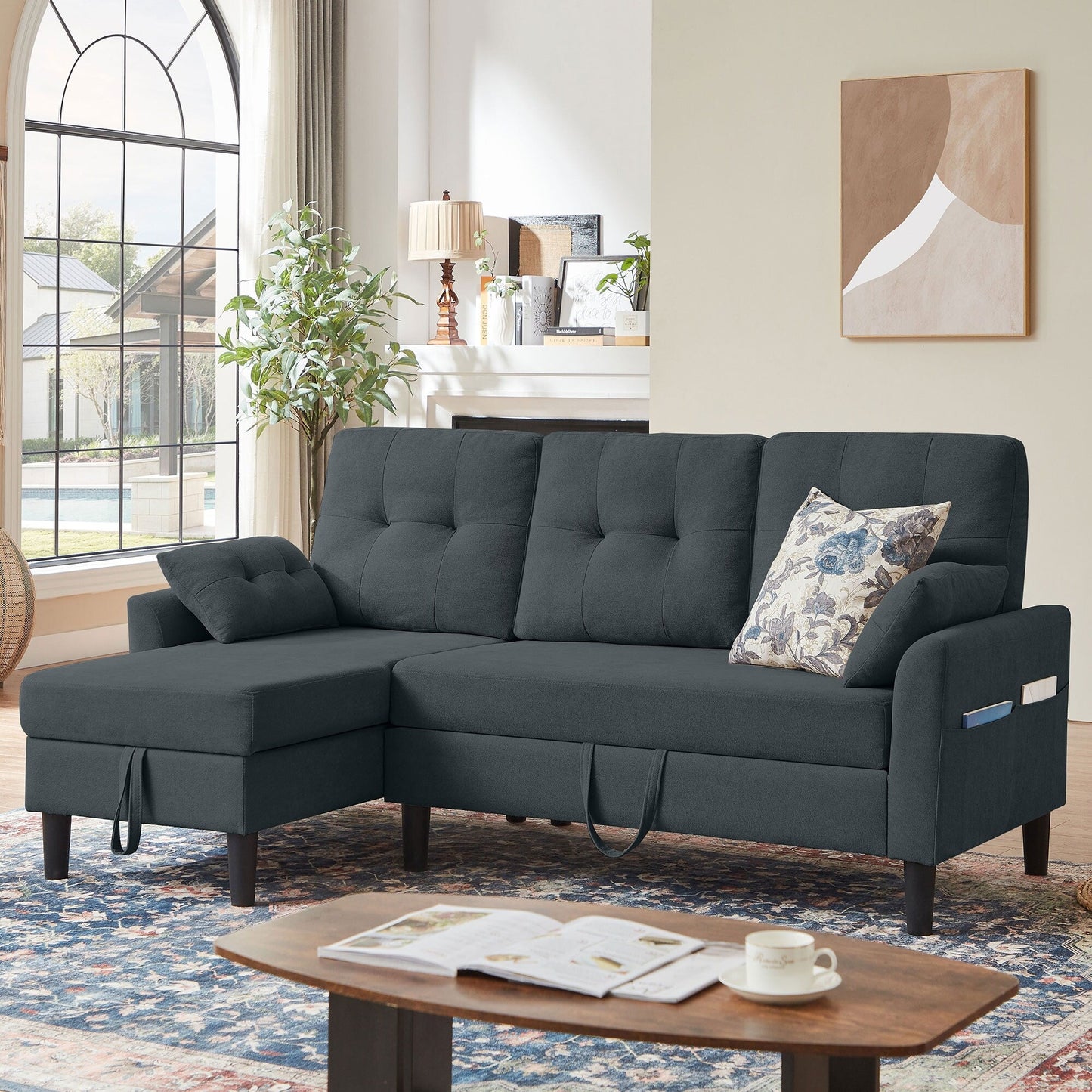 76.18 Upholstered Sleeper Pull Out Sofa Couch with Storage Chaise