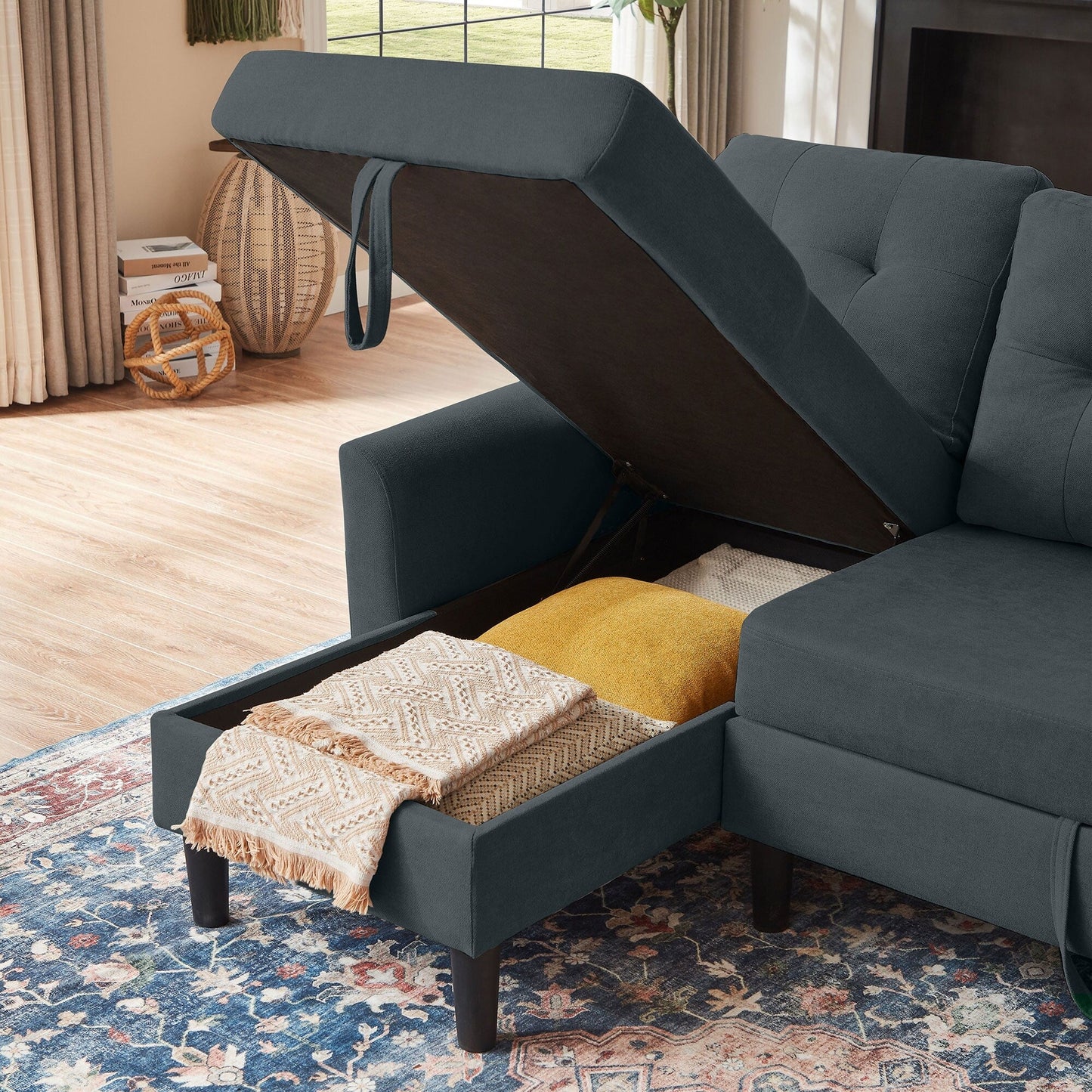 76.18 Upholstered Sleeper Pull Out Sofa Couch with Storage Chaise