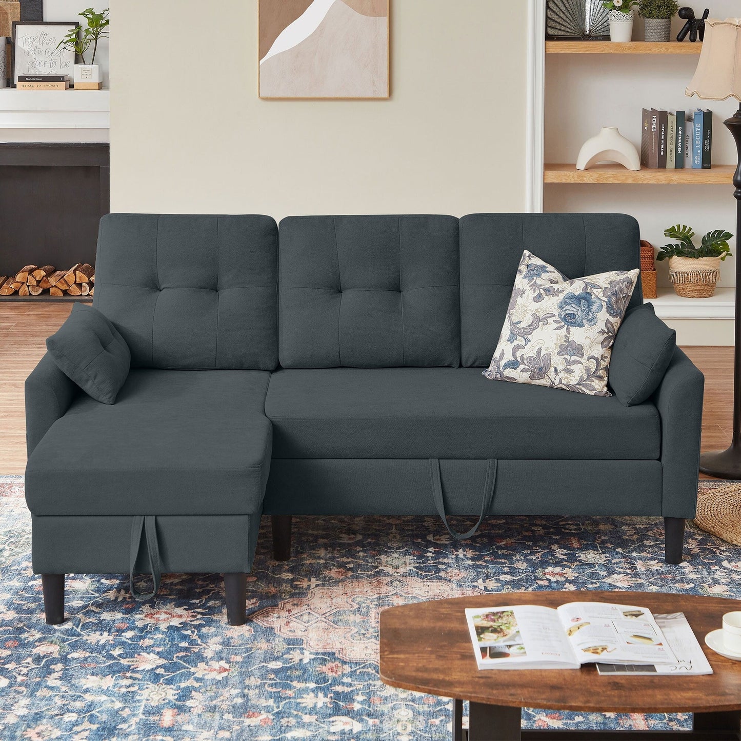 76.18 Upholstered Sleeper Pull Out Sofa Couch with Storage Chaise
