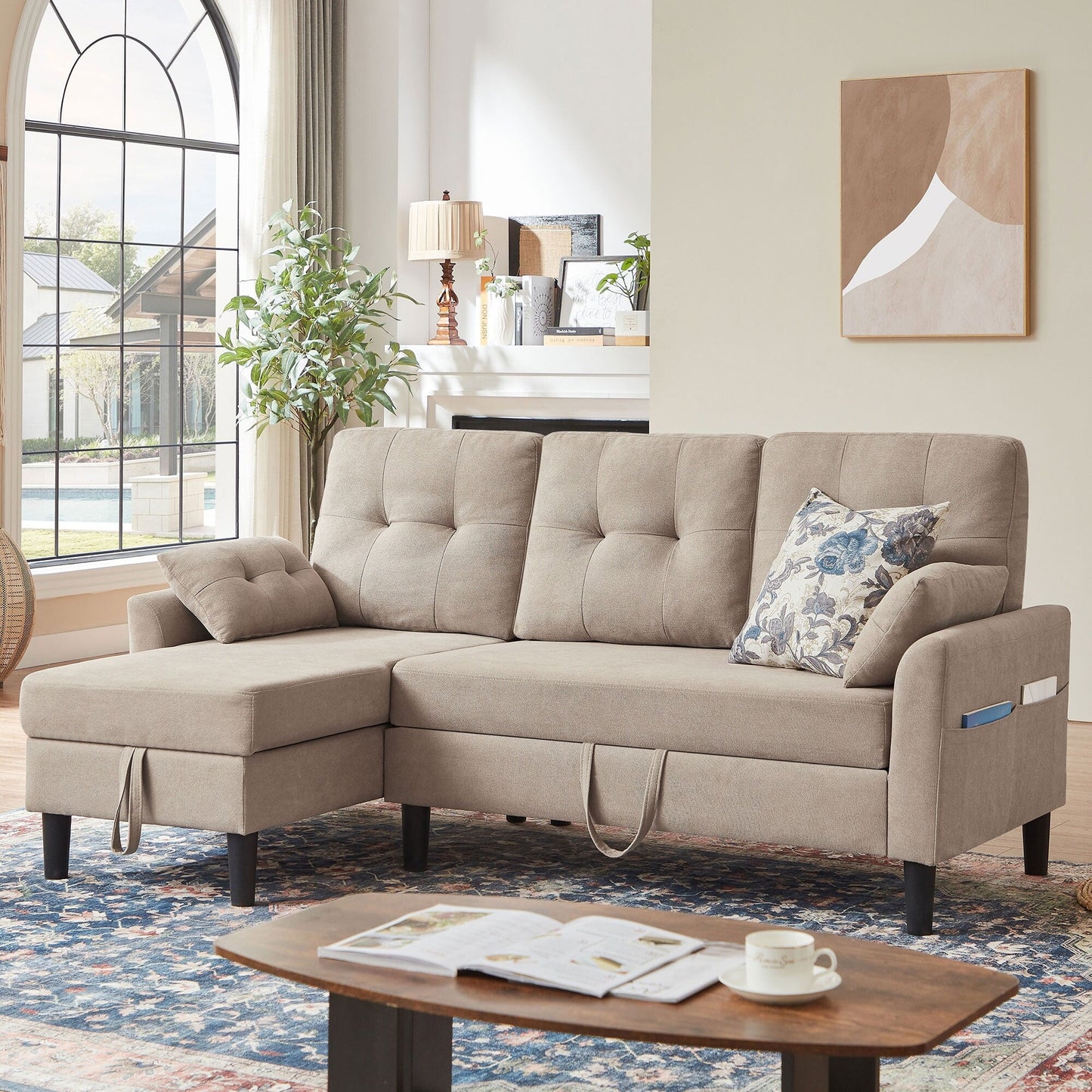 76.18 Upholstered Sleeper Pull Out Sofa Couch with Storage Chaise