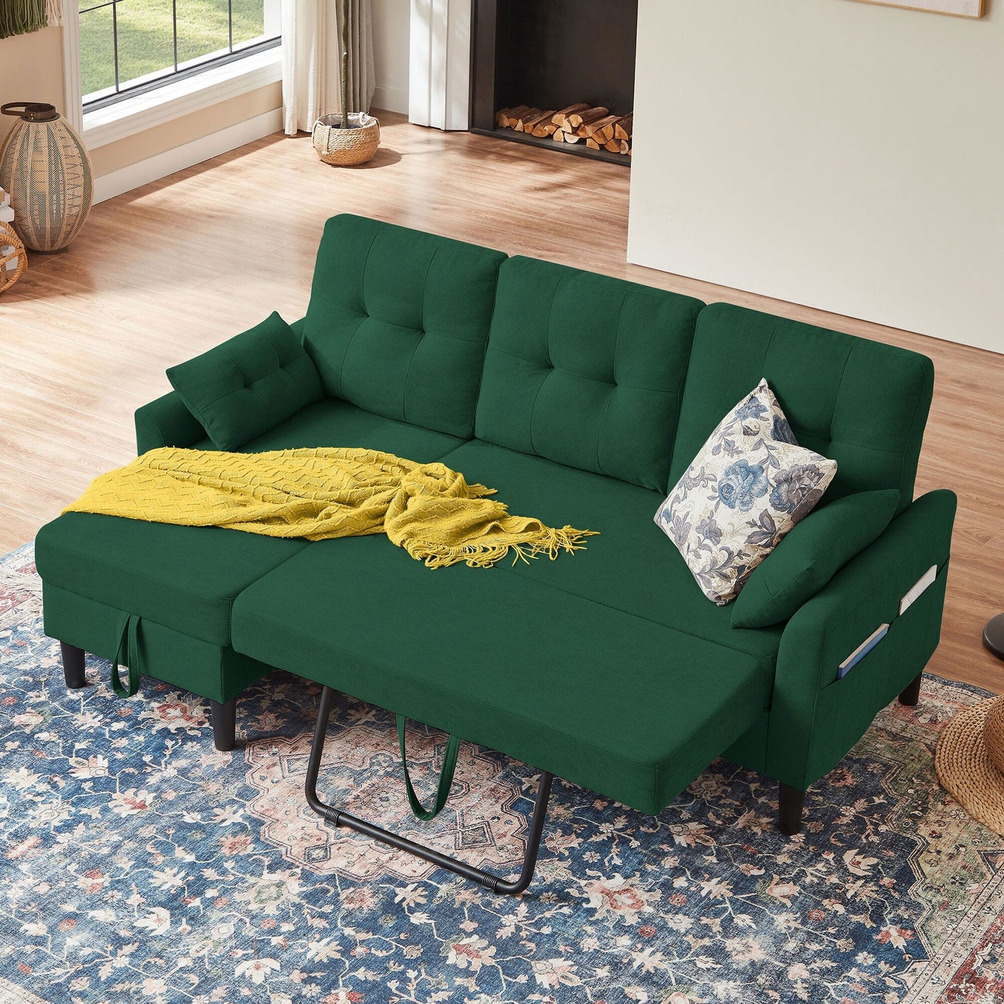76.18 Upholstered Sleeper Pull Out Sofa Couch with Storage Chaise