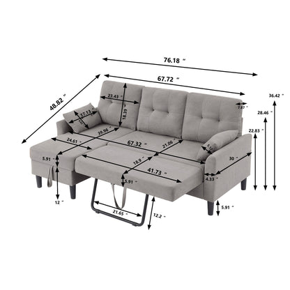 76.18 Upholstered Sleeper Pull Out Sofa Couch with Storage Chaise