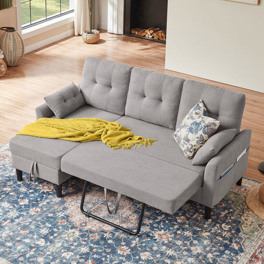76.18 Upholstered Sleeper Pull Out Sofa Couch with Storage Chaise