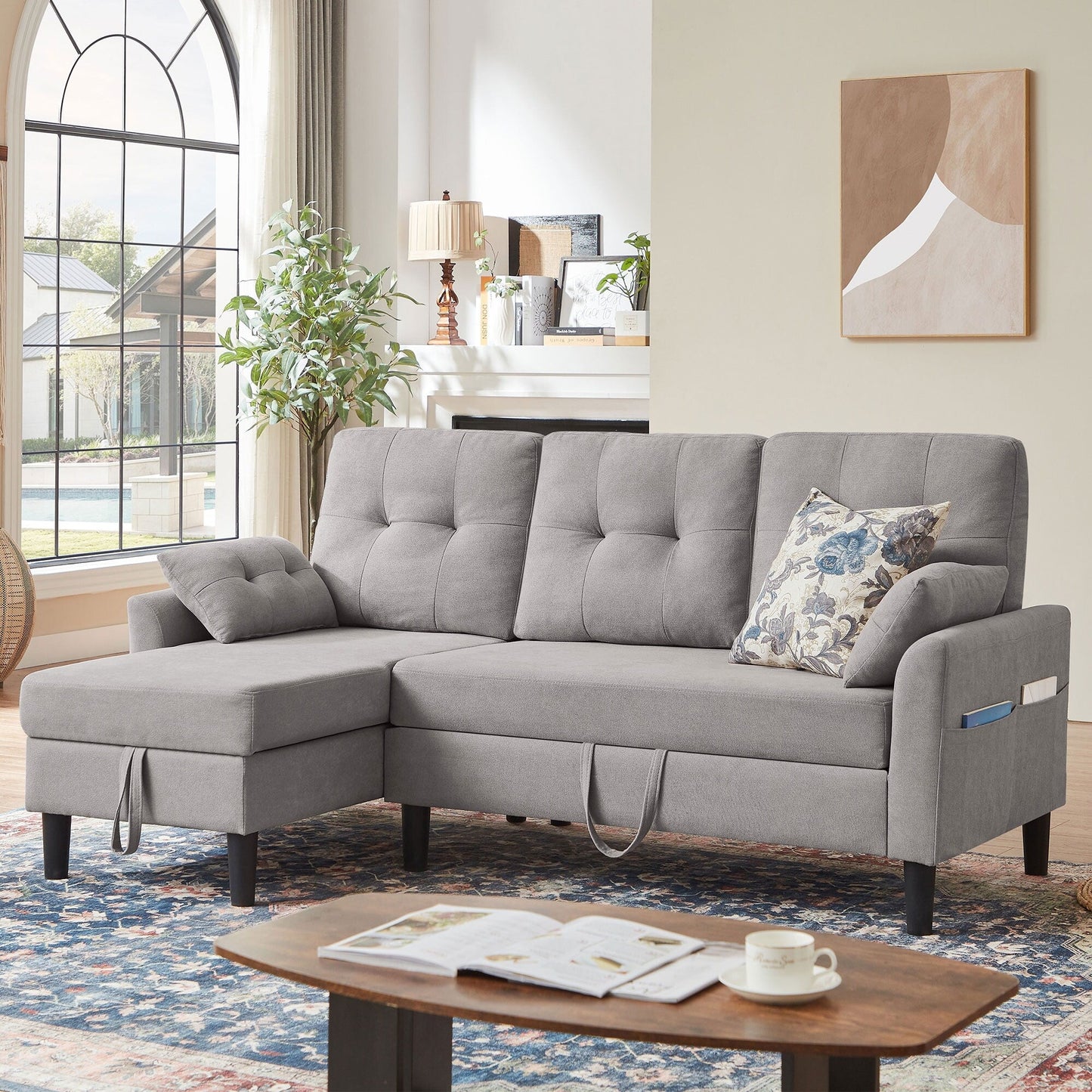 76.18 Upholstered Sleeper Pull Out Sofa Couch with Storage Chaise