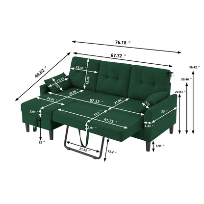 76.18 Upholstered Sleeper Pull Out Sofa Couch with Storage Chaise
