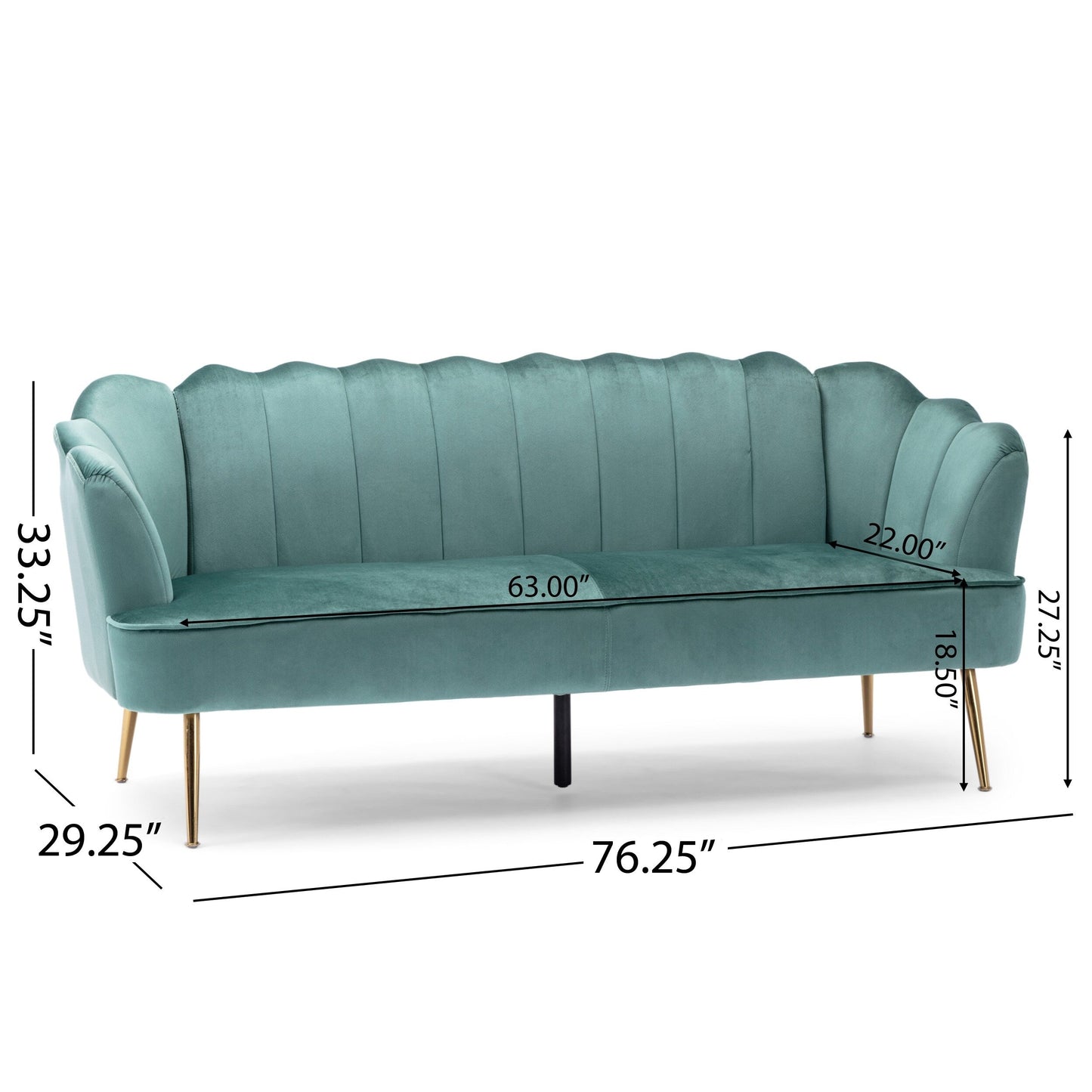 76.25 Velvet Channel Stitching 3-seater Sofa with Metal Legs for Living Room