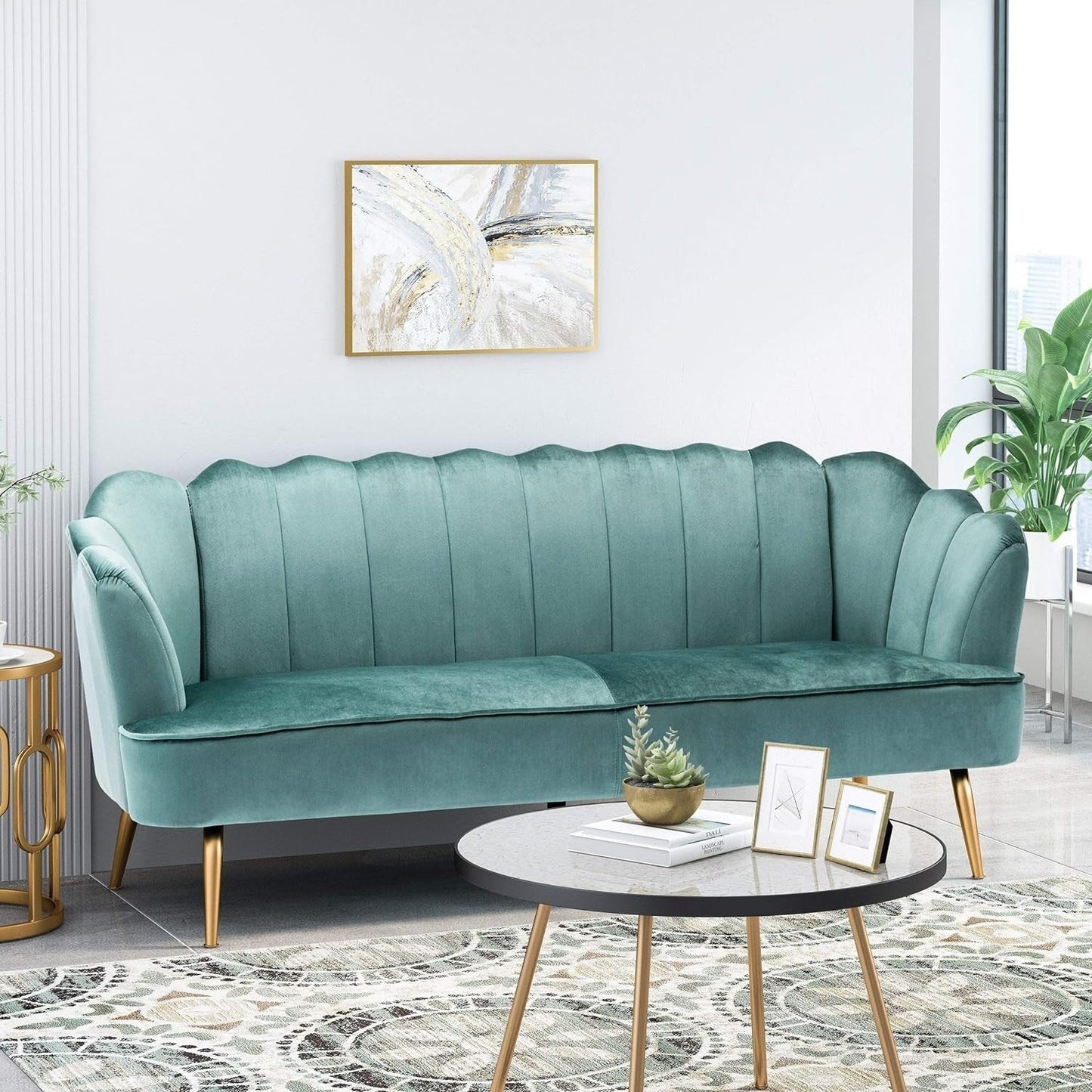 76.25 Velvet Channel Stitching 3-seater Sofa with Metal Legs for Living Room