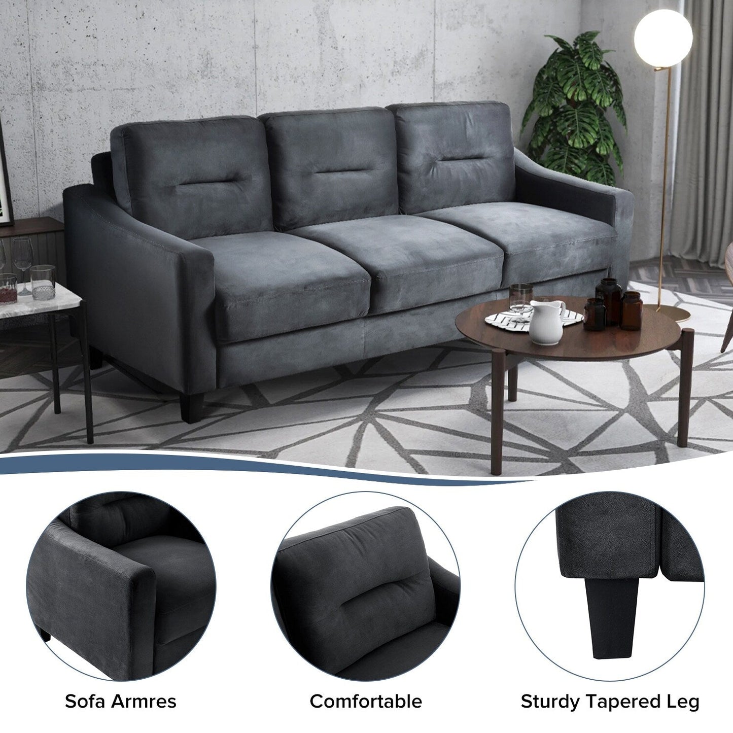 76.7 Velvet 3-seater Sofa with Sturdy Hardwood Frame and Highly Elastic Foam for Living Room