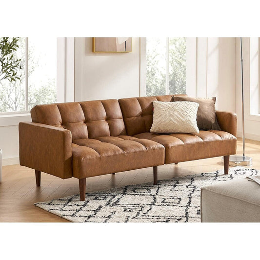 76.8 Mid Century Futon Sofa Bed - Convertible Sleeper Loveseat for Living Room & Bedroom, Faux Leather Pecan Brown