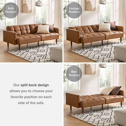 76.8 Mid Century Futon Sofa Bed - Convertible Sleeper Loveseat for Living Room & Bedroom, Faux Leather Pecan Brown