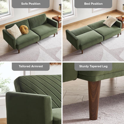 76.8 Mid Century Modern Futon Sofa Bed - Small Sleeper Loveseat Couch with Premium Velvet Cover for Living Room, Olive Green