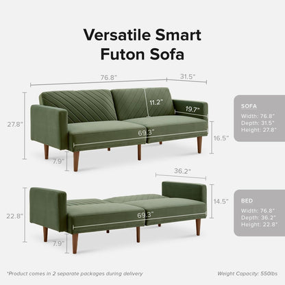76.8 Mid Century Modern Futon Sofa Bed - Small Sleeper Loveseat Couch with Premium Velvet Cover for Living Room, Olive Green