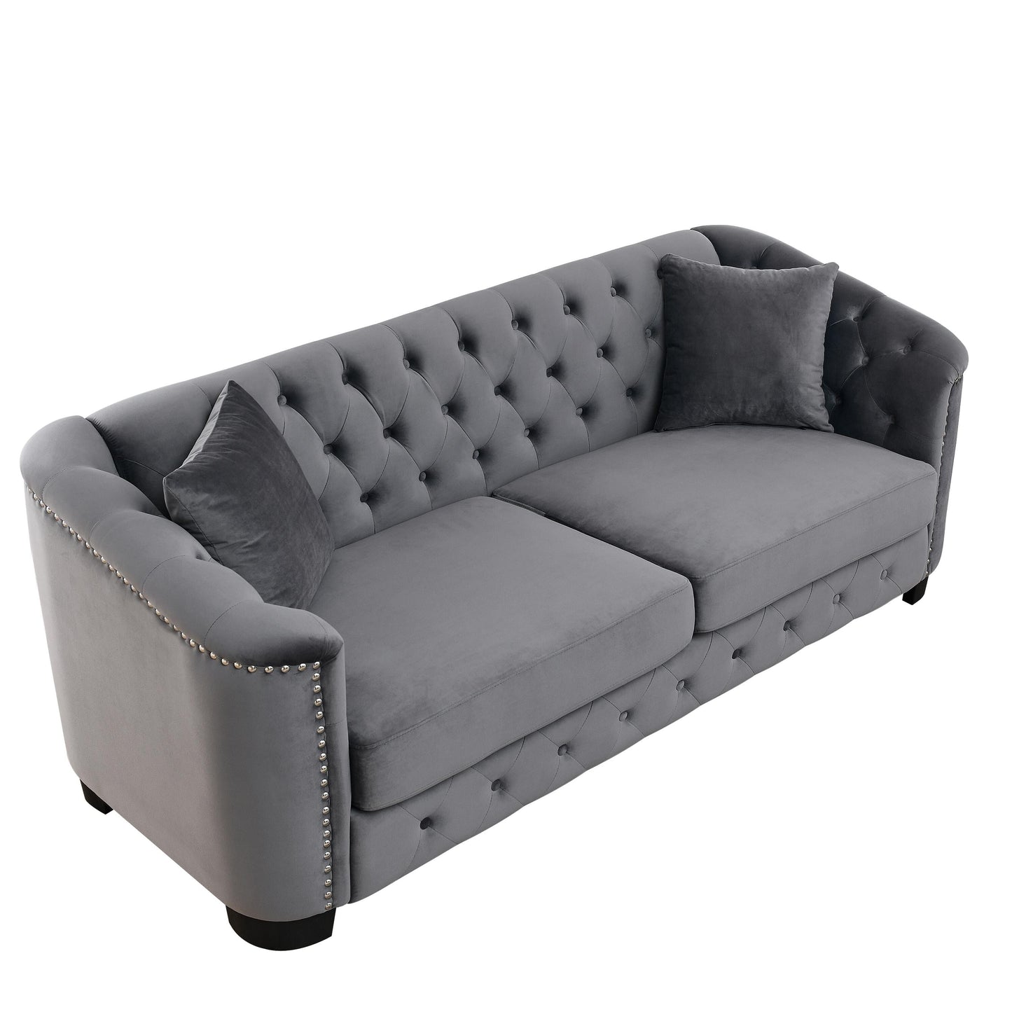 77'' Modern Velvet 3-Seater Sofa with Tufted Backrest, Nailhead Trim, and 2 Pillows