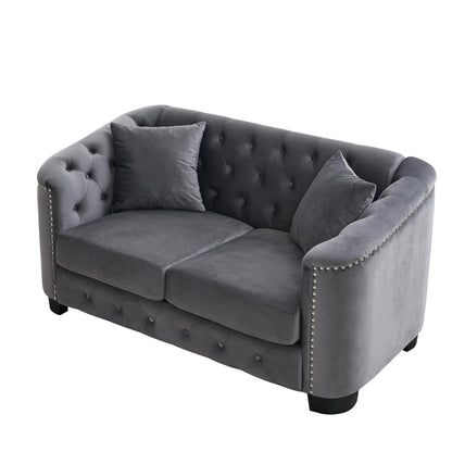 77'' Modern Velvet 3-Seater Sofa with Tufted Backrest, Nailhead Trim, and 2 Pillows