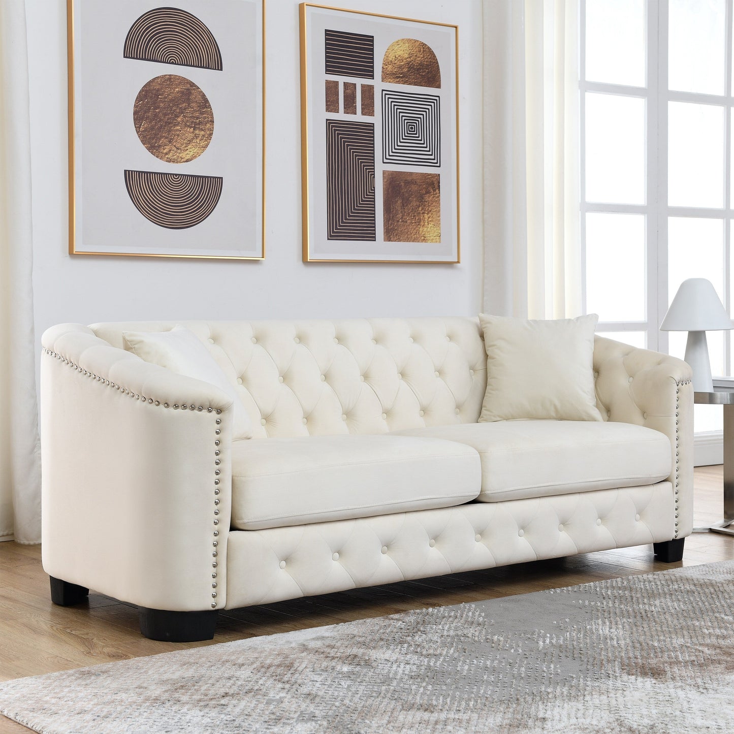 77'' Modern Velvet 3-Seater Sofa with Tufted Backrest, Nailhead Trim, and 2 Pillows