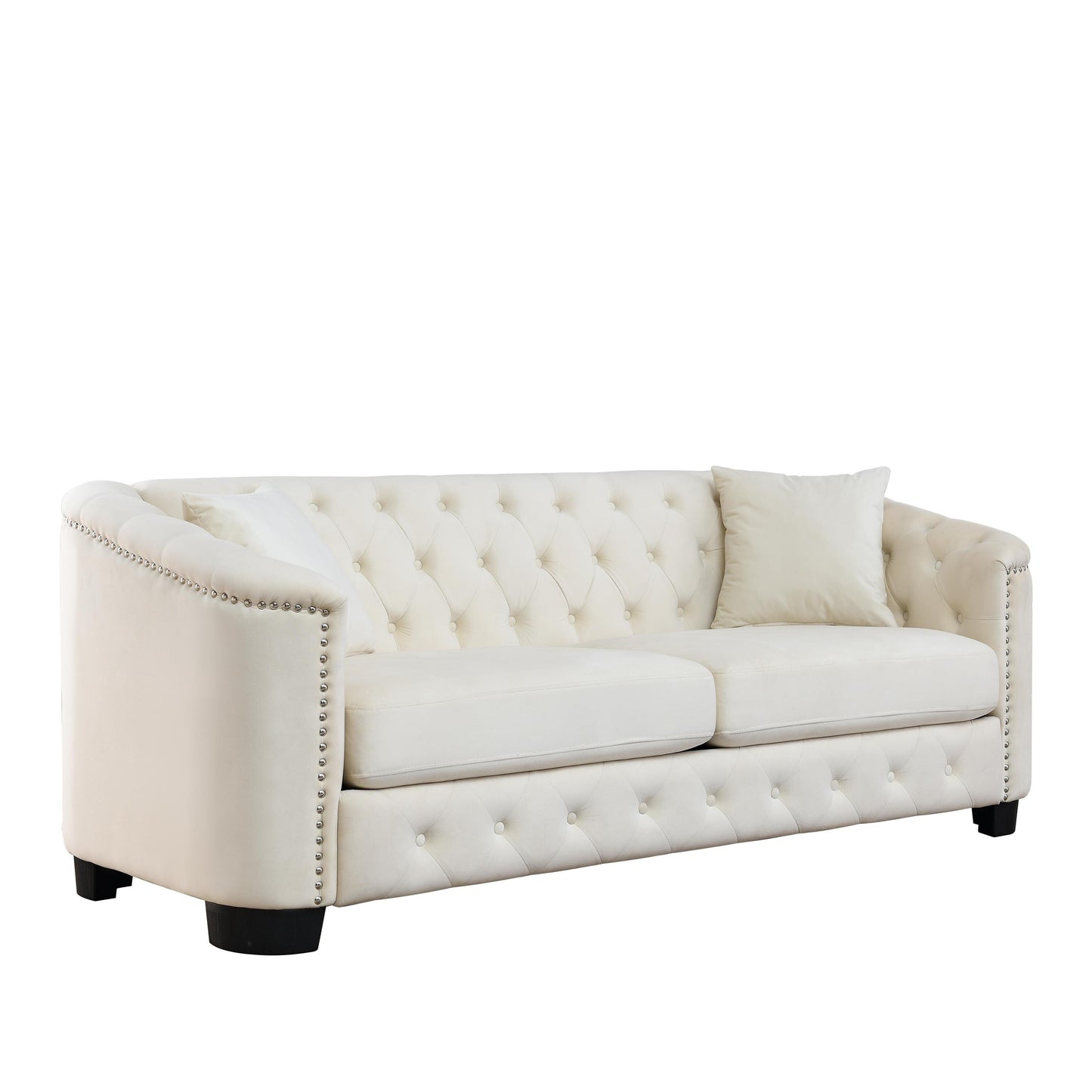 77'' Modern Velvet 3-Seater Sofa with Tufted Backrest, Nailhead Trim, and 2 Pillows