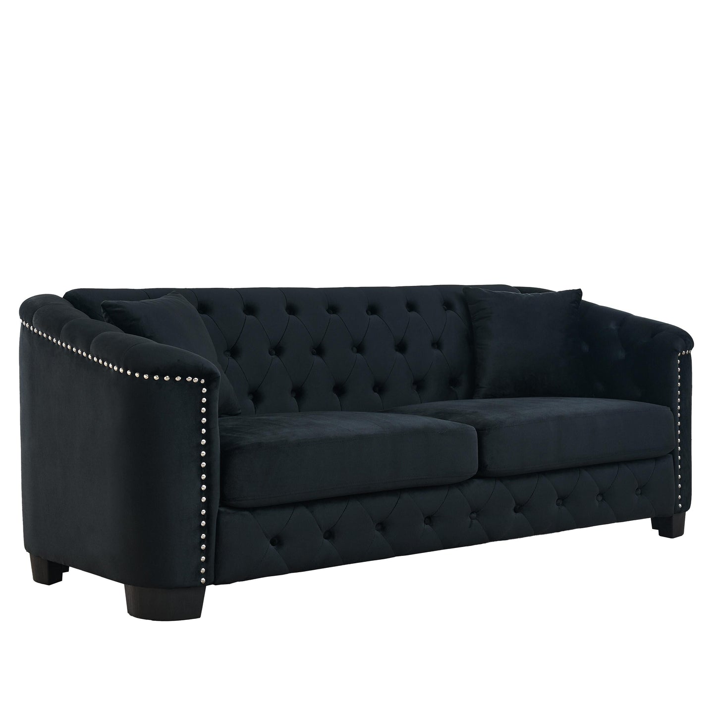 77'' Modern Velvet 3-Seater Sofa with Tufted Backrest, Nailhead Trim, and 2 Pillows