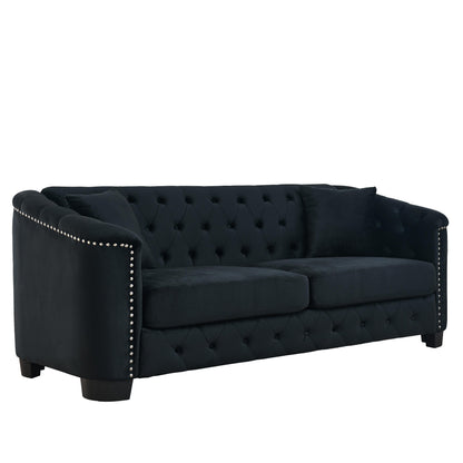 77'' Modern Velvet 3-Seater Sofa with Tufted Backrest, Nailhead Trim, and 2 Pillows