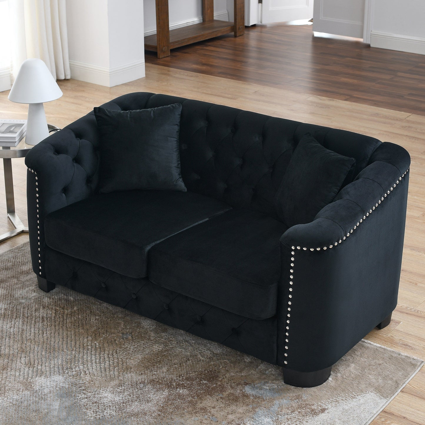 77'' Modern Velvet 3-Seater Sofa with Tufted Backrest, Nailhead Trim, and 2 Pillows