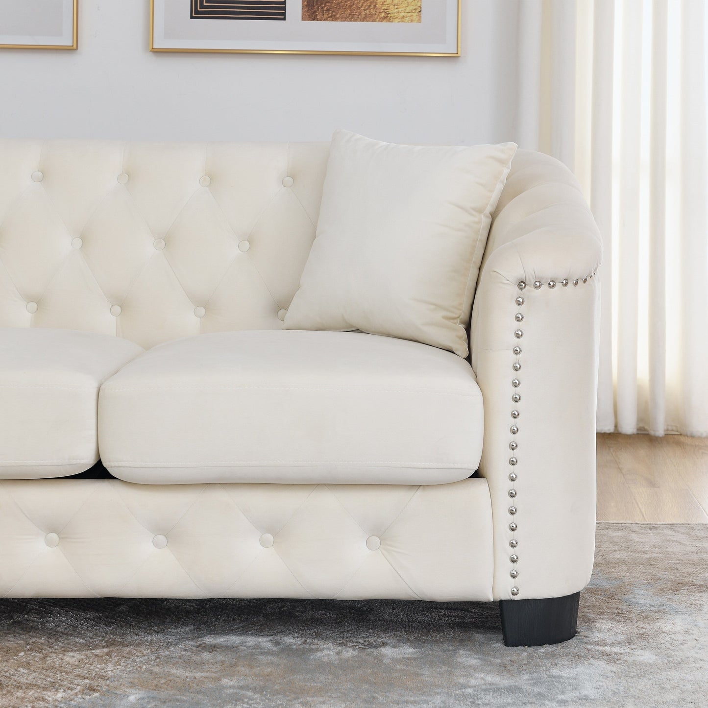 77'' Modern Velvet 3-Seater Sofa with Tufted Backrest, Nailhead Trim, and 2 Pillows