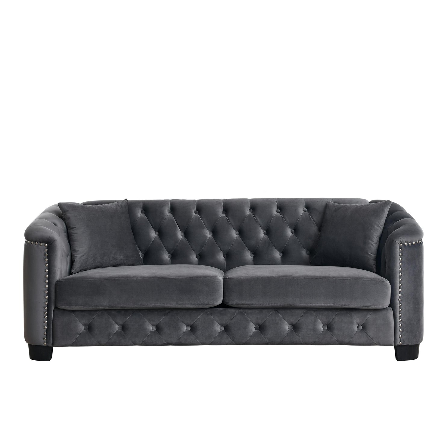 77'' Modern Velvet 3-Seater Sofa with Tufted Backrest, Nailhead Trim, and 2 Pillows