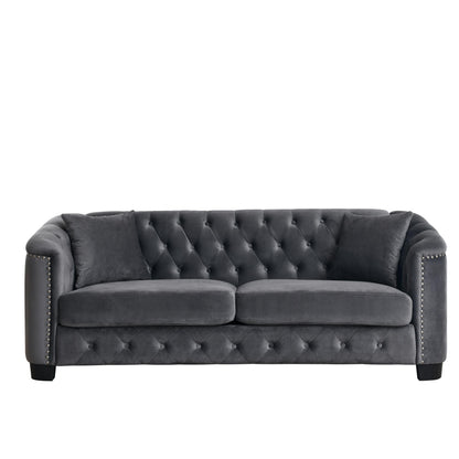 77'' Modern Velvet 3-Seater Sofa with Tufted Backrest, Nailhead Trim, and 2 Pillows