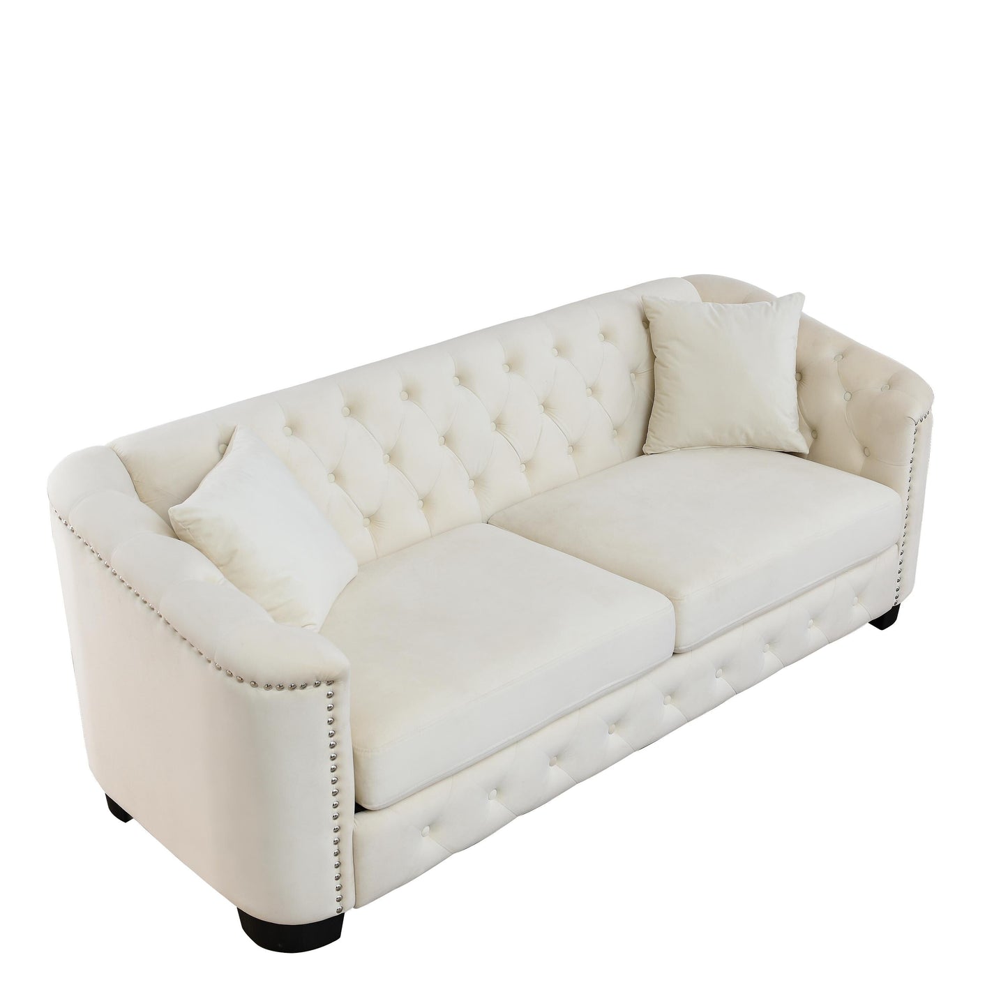 77'' Modern Velvet 3-Seater Sofa with Tufted Backrest, Nailhead Trim, and 2 Pillows