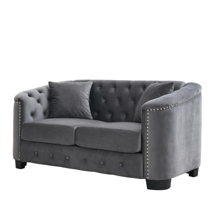 77'' Modern Velvet 3-Seater Sofa with Tufted Backrest, Nailhead Trim, and 2 Pillows
