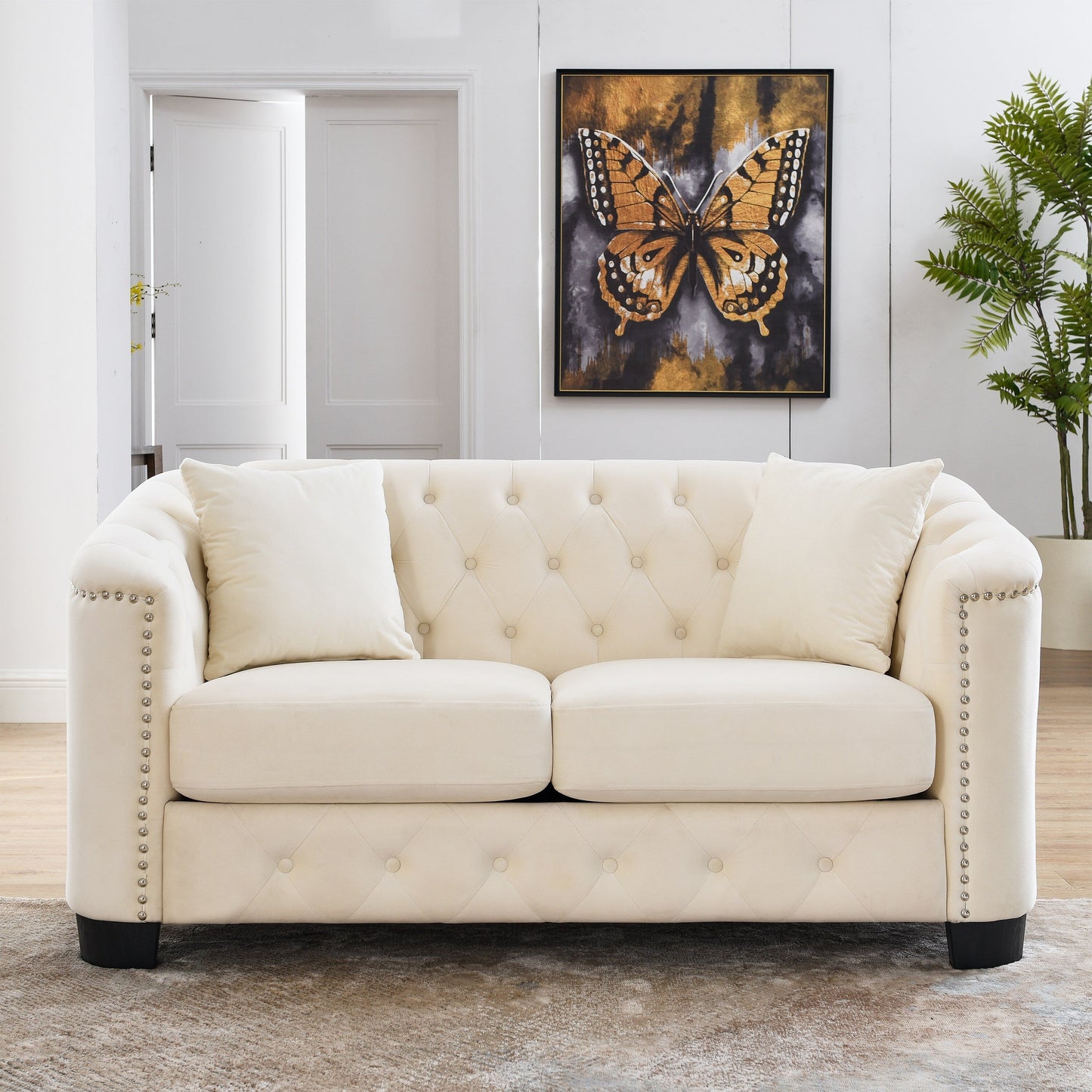 77'' Modern Velvet 3-Seater Sofa with Tufted Backrest, Nailhead Trim, and 2 Pillows