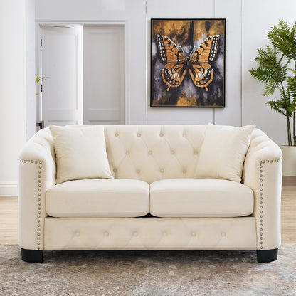 77'' Modern Velvet 3-Seater Sofa with Tufted Backrest, Nailhead Trim, and 2 Pillows