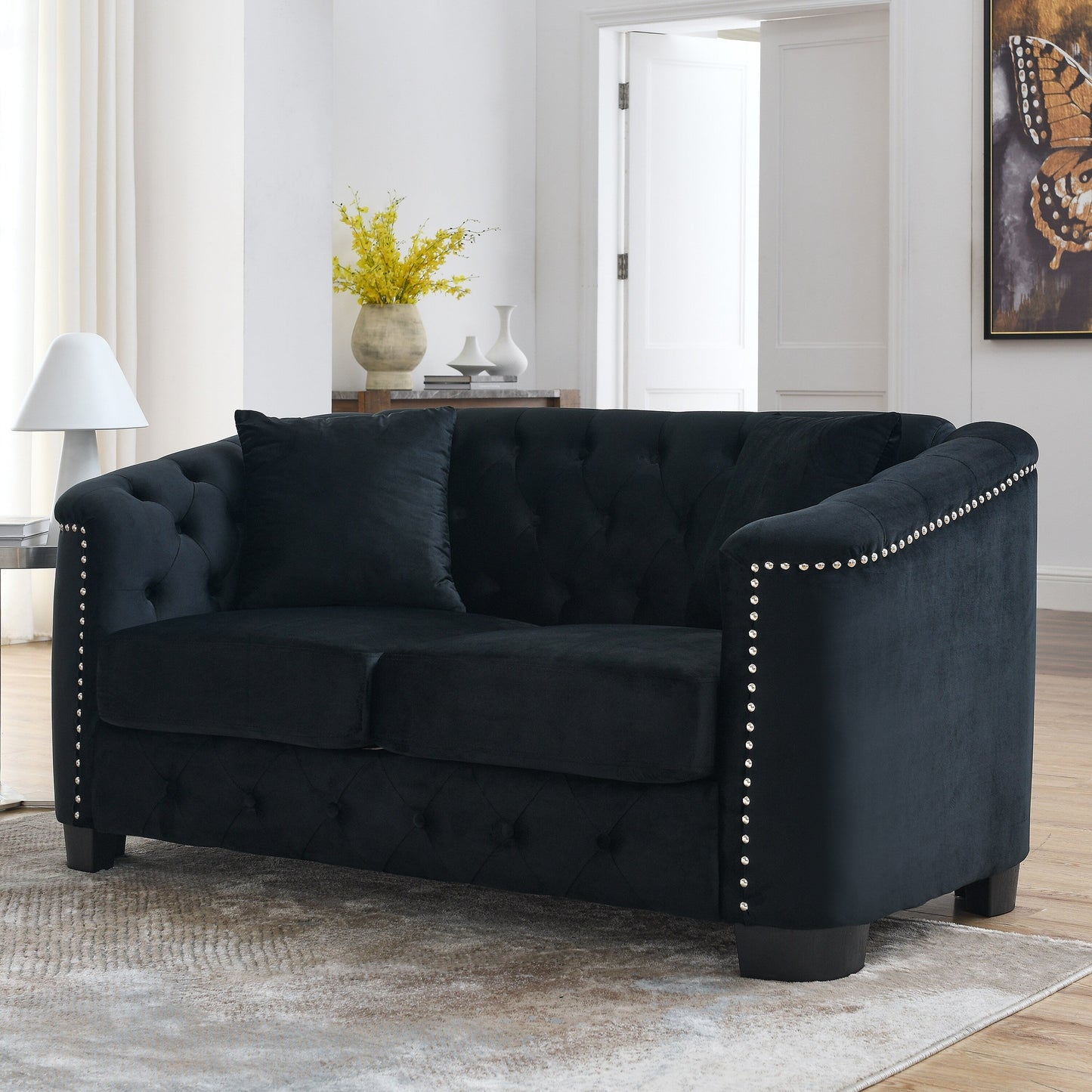 77'' Modern Velvet 3-Seater Sofa with Tufted Backrest, Nailhead Trim, and 2 Pillows