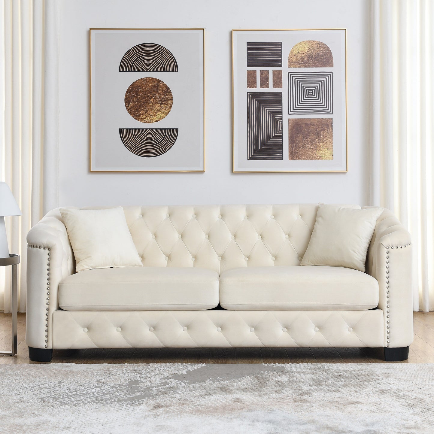 77'' Modern Velvet 3-Seater Sofa with Tufted Backrests, Nailhead Trim, and 2 Pillows