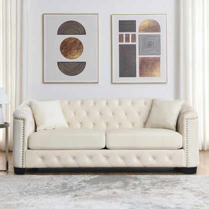 77'' Modern Velvet 3-Seater Sofa with Tufted Backrests, Nailhead Trim, and 2 Pillows
