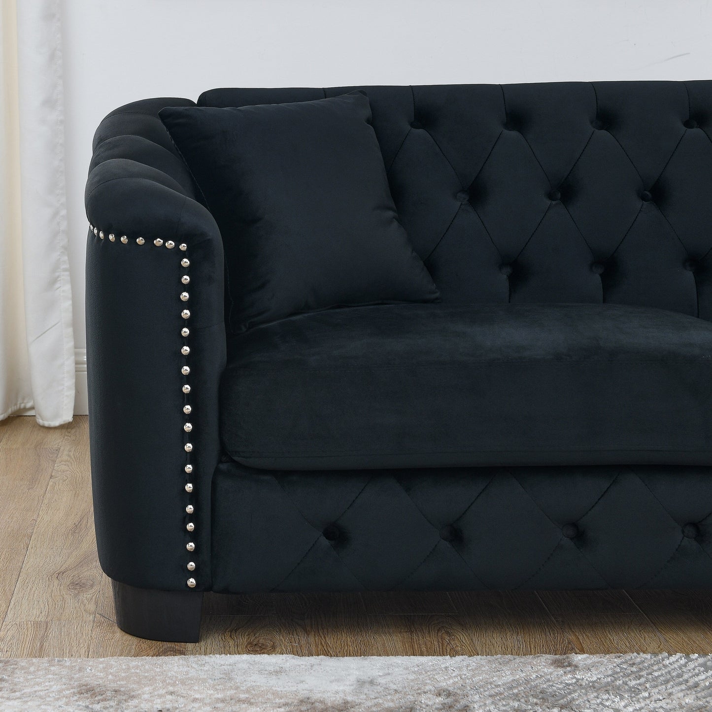 77'' Modern Velvet 3-Seater Sofa with Tufted Backrests, Nailhead Trim, and 2 Pillows