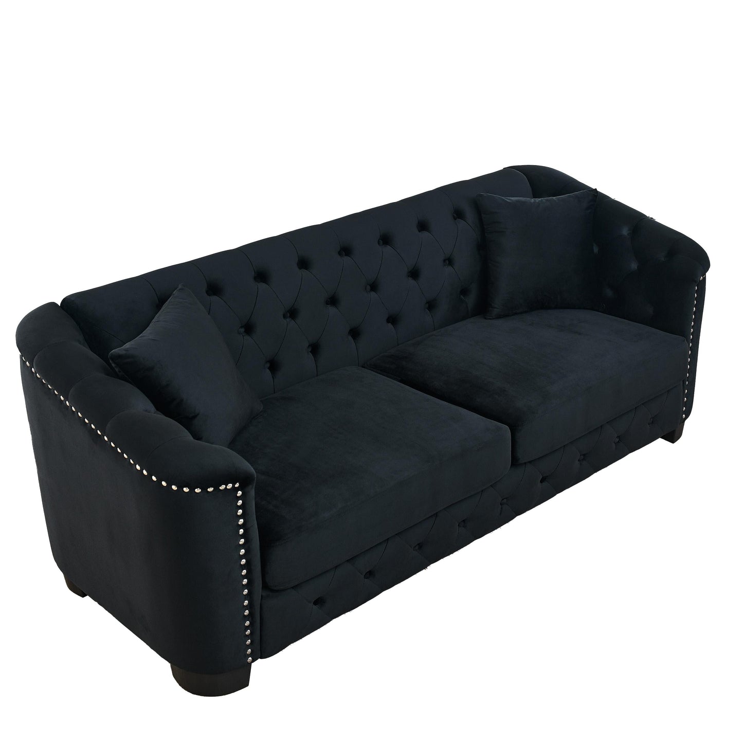 77'' Modern Velvet 3-Seater Sofa with Tufted Backrests, Nailhead Trim, and 2 Pillows