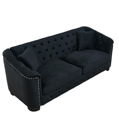 77'' Modern Velvet 3-Seater Sofa with Tufted Backrests, Nailhead Trim, and 2 Pillows