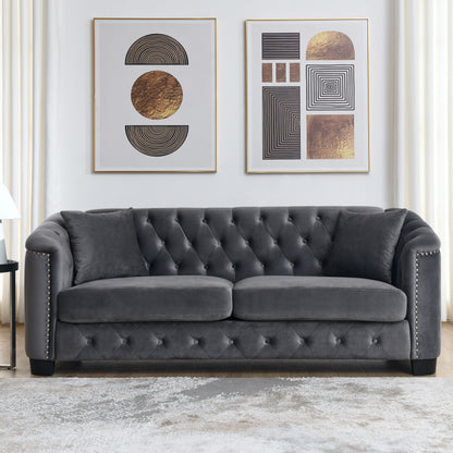 77'' Modern Velvet 3-Seater Sofa with Tufted Backrests, Nailhead Trim, and 2 Pillows