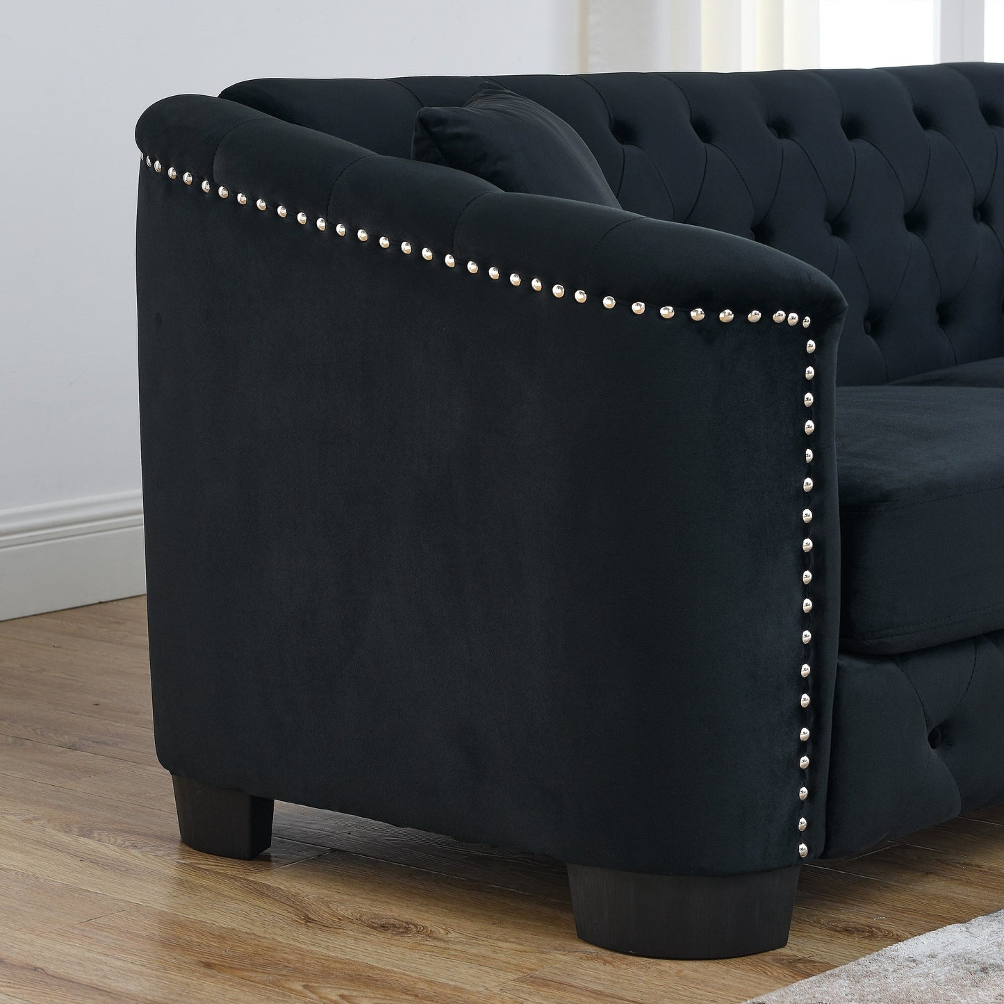 77'' Modern Velvet 3-Seater Sofa with Tufted Backrests, Nailhead Trim, and 2 Pillows