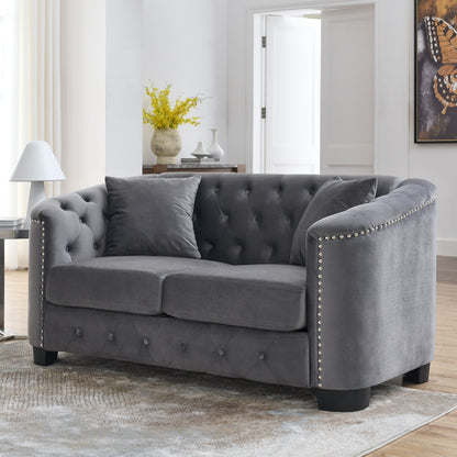 77'' Modern Velvet 3-Seater Sofa with Tufted Backrests, Nailhead Trim, and 2 Pillows