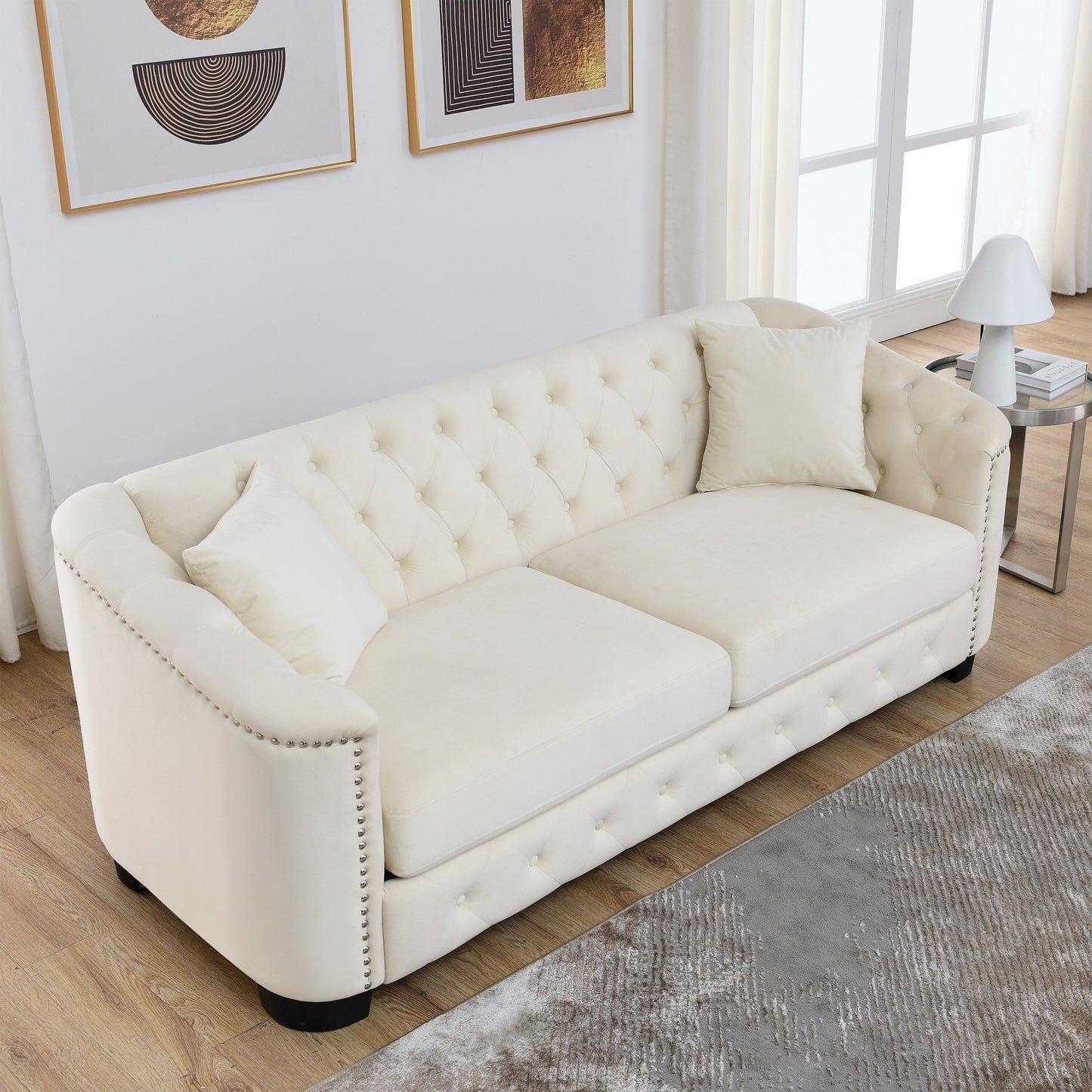 77'' Modern Velvet 3-Seater Sofa with Tufted Backrests, Nailhead Trim, and 2 Pillows