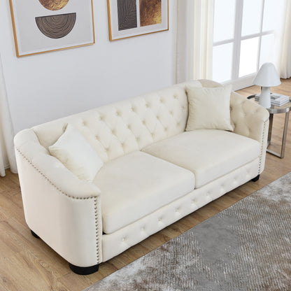 77'' Modern Velvet 3-Seater Sofa with Tufted Backrests, Nailhead Trim, and 2 Pillows