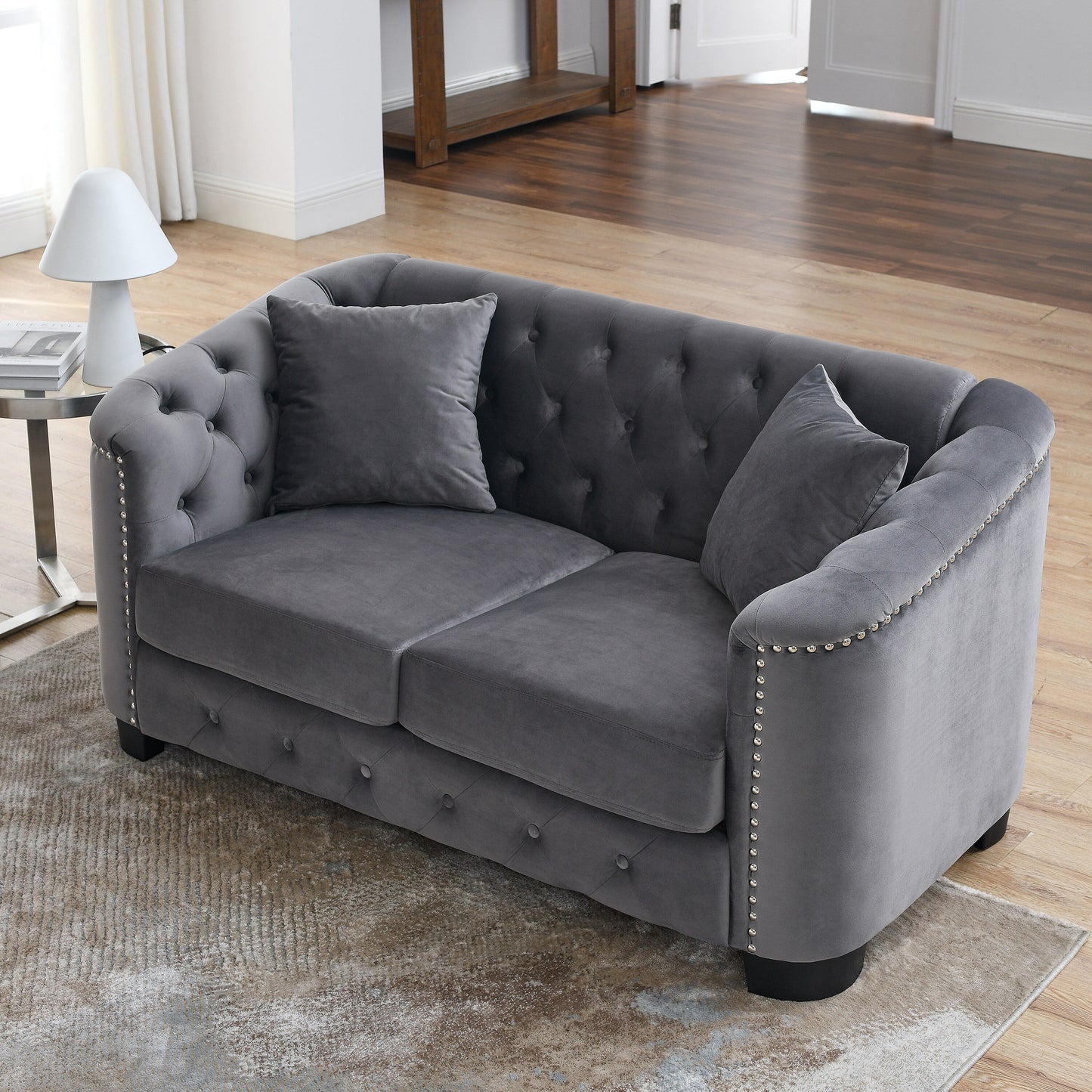 77'' Modern Velvet 3-Seater Sofa with Tufted Backrests, Nailhead Trim, and 2 Pillows