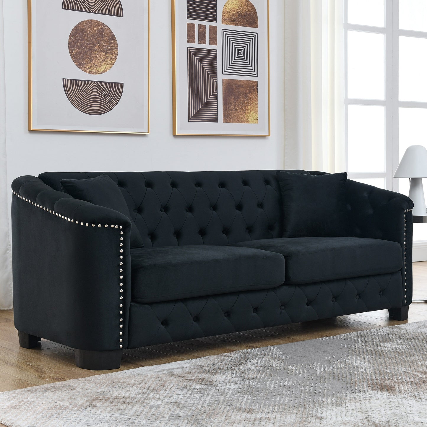 77'' Modern Velvet 3-Seater Sofa with Tufted Backrests, Nailhead Trim, and 2 Pillows