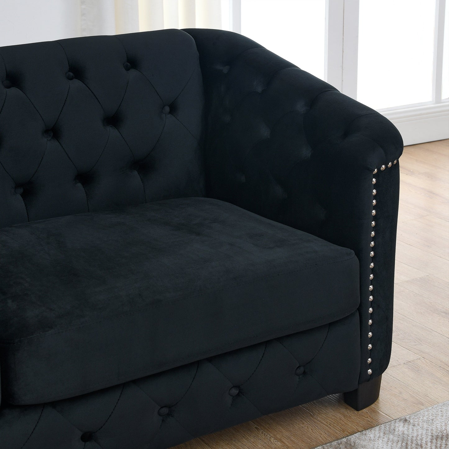 77'' Modern Velvet 3-Seater Sofa with Tufted Backrests, Nailhead Trim, and 2 Pillows