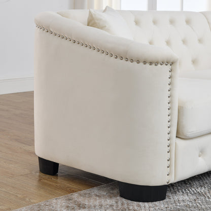 77'' Modern Velvet 3-Seater Sofa with Tufted Backrests, Nailhead Trim, and 2 Pillows