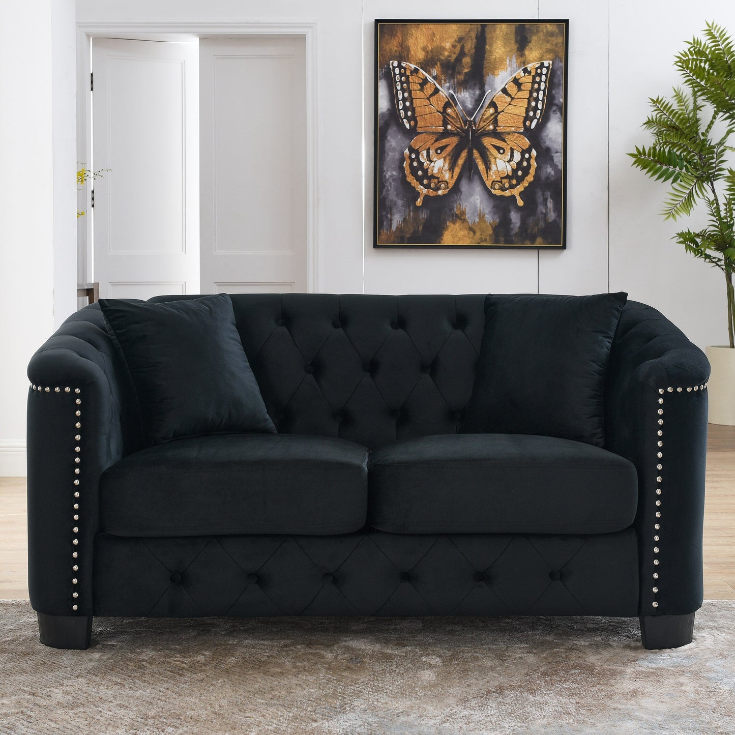 77'' Modern Velvet 3-Seater Sofa with Tufted Backrests, Nailhead Trim, and 2 Pillows