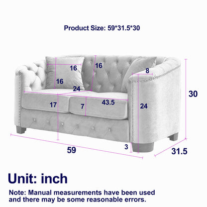 77'' Modern Velvet 3-Seater Sofa with Tufted Backrests, Nailhead Trim, and 2 Pillows