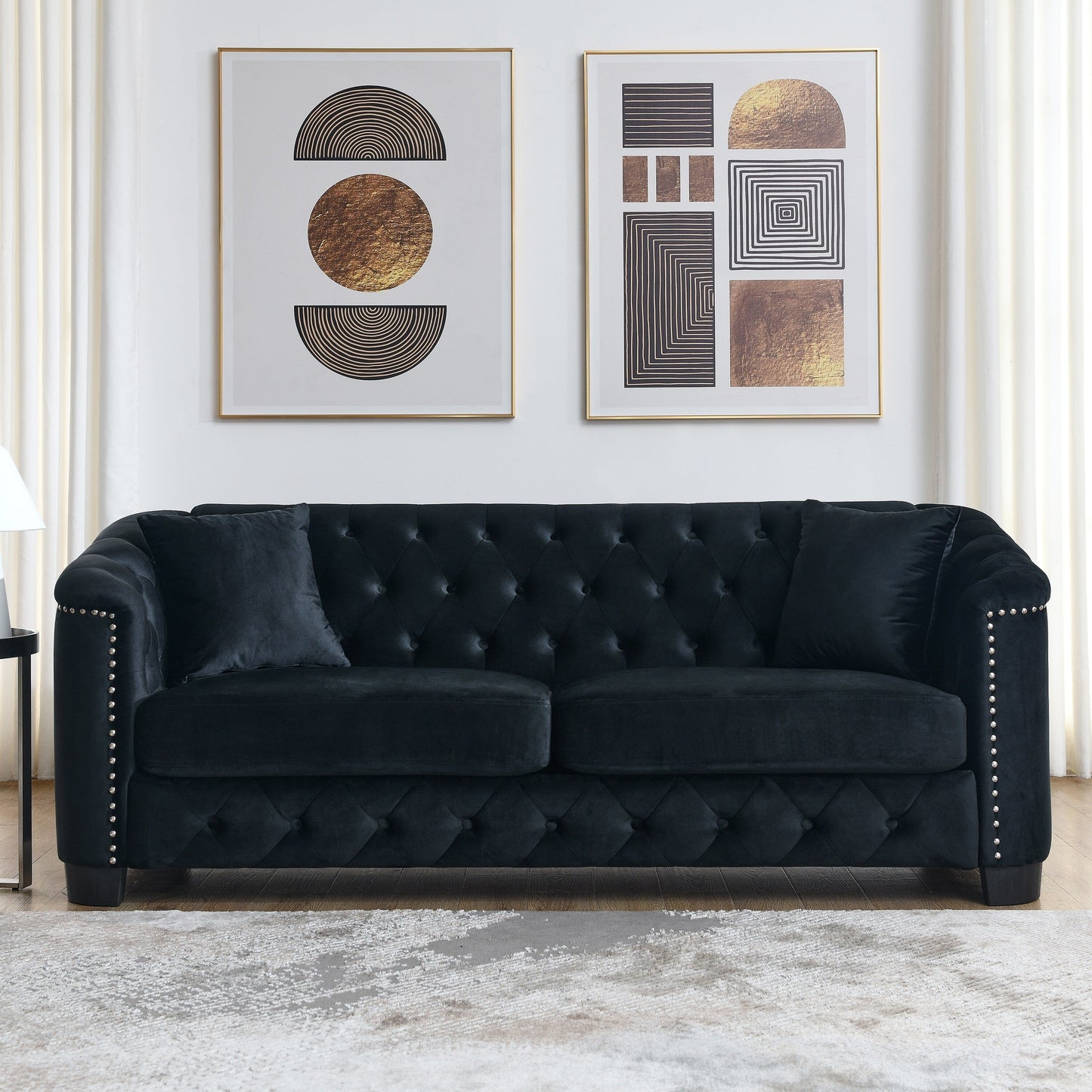 77'' Modern Velvet 3-Seater Sofa with Tufted Backrests, Nailhead Trim, and 2 Pillows