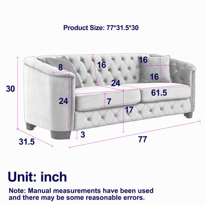 77'' Modern Velvet 3-Seater Sofa with Tufted Backrests, Nailhead Trim, and 2 Pillows